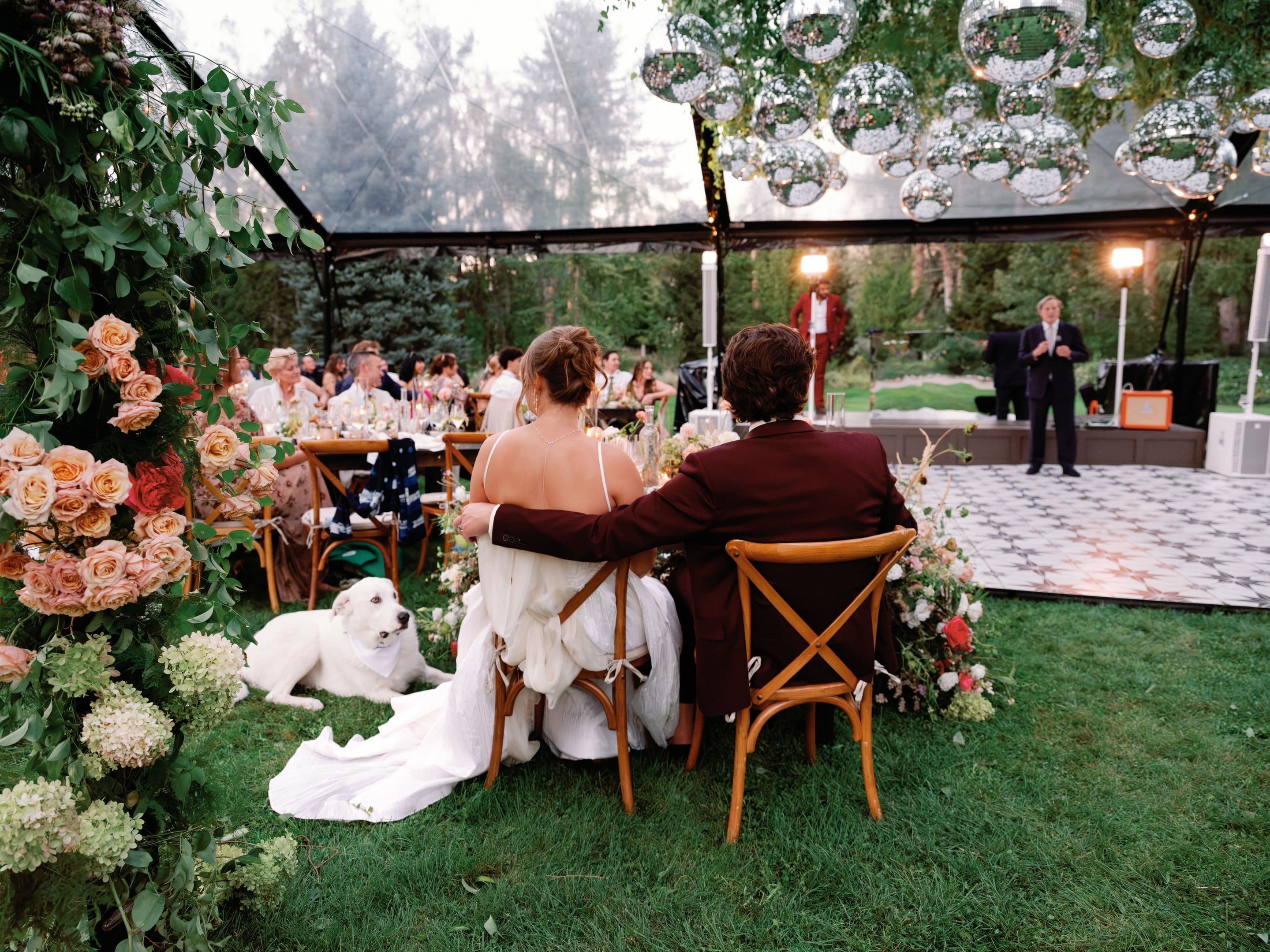 A bride and groom seen from behind at their table during the toasts, his arm around her, their white dog lying beside them, photographed by Christopher Cook